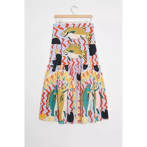 Eva Franco Anthropologie Summer Fish Ocean Tiered Midi Skirt - Picture 2 of 4